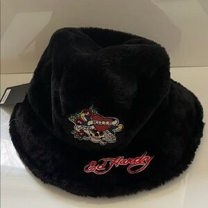 Ed Hardy Black Faux Fur Bucket Hat with Embroidery